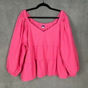 Old Navy Top Womens XXL Pink Tiered Peasant Boho Long Sleeve Beach Flowy V Neck